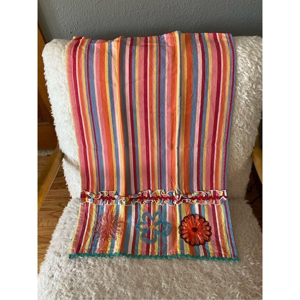 MULTI color striped cotton with embroidered flowers and rick rack kitchen towel